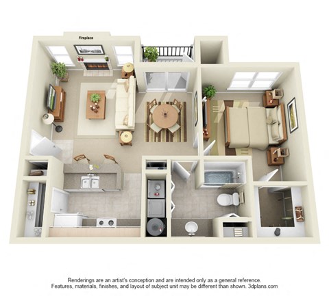 Floor plan for 1 bed, 1 bath, 740 sqft